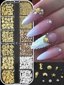 12 Grids Half Round Gold+Silver Pearls Nail Charms Metallic Flat-Back Beads Ball Mixed Size Nail Pearls Nail Gems Nail Supplies Nails - 彩色 - 查看 10