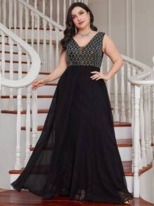 UNITHORSE Damen Große Größen Tiefer V-Ausschnitt Ärmellos Pailletten Patchwork Chiffon Partykleid