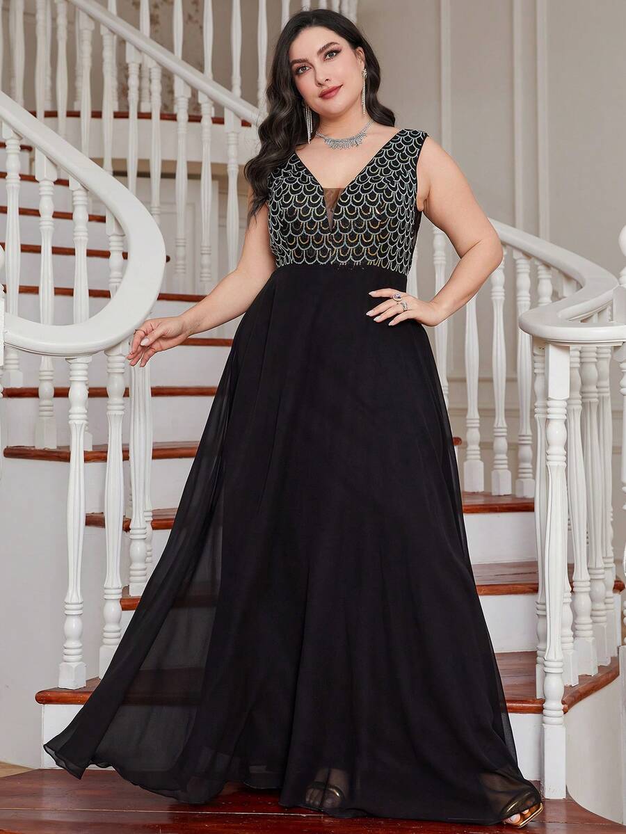 UNITHORSE Damen Große Größen Tiefer V-Ausschnitt Ärmellos Pailletten Patchwork Chiffon Partykleid