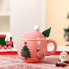 1 conjunto de canecas de cerâmica estilo árvore de Natal 3D com colher e tampa de aço inoxidável, xícara de café, decoração para casa de fim de ano, presente de Natal ideal para café, leite e chá