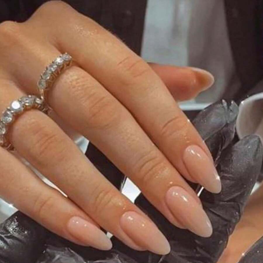 Nude Press On Nails Almond Shaped Fake Nails Medium Glossy Stick On Nail Natural Full Cover False Nail Acrylic Glue On Nails For Women - A級裸體 - 查看 1