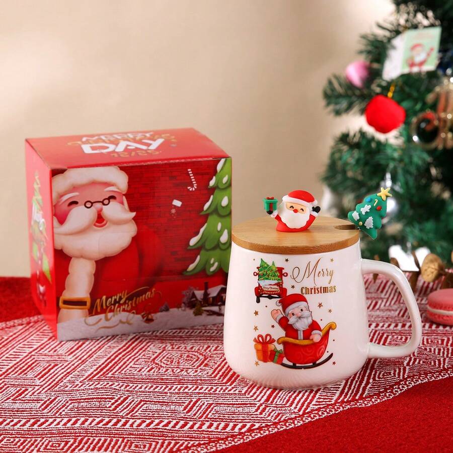 1pc Christmas Santa Mug, Ceramic Coffee Cup With Lid, Festive Holiday Gift, Kitchenware, Home Decor, Party Supplies, No Power Required