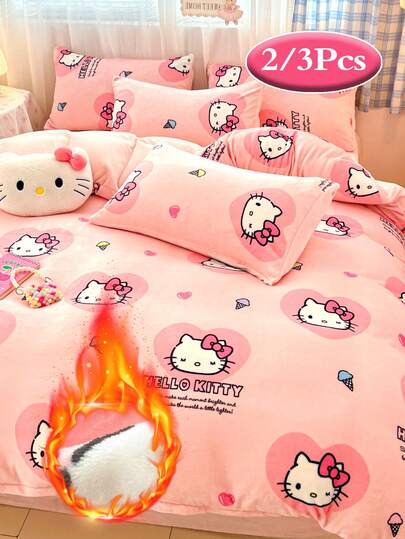 SANRIO //// 2/3件温暖床上用品套装，（1个羽绒被套+1/2个枕套）牛奶丝绒羽绒被套加厚保暖被套套装，柔软舒适的单人/双人床羽绒被套，适用于学生宿舍、家庭卧室（无填充物）