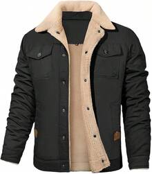 Mens Winter Thick Thermal Cotton Warm Fleece Lined Sherpa Trucker Lapel Work Cargo Jackets Coat OuterwearChristmas 8453 - 黑色 - 查看 1