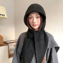 Red Balaclava Hat Women, Autumn And Winter Knitted Hat, Warm Ear, Windproof Shawl Hat And Scarf Combo - Khăn quàng cổ/mũ trùm đầu màu đen A-669 - Xem 12