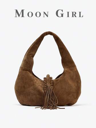 Bohemian Retro Style Suede Tassel Crescent Bag, Large Capacity Shoulder Underarm Bag, Daily Commuting