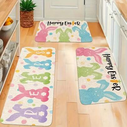 2/3pcs Easter Set Kitchen Mat, Cute Colorful Rabbit Rug, Easter Kitchen Decor, Easter Kitchen Comfortable Standing Mat, Flannel Material