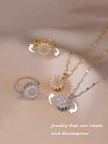 2 Peças Conjunto de Joias Femininas com Zircônia Cúbica Incrustada de Cobre, Girassol Rotativo, 1 Peça Colar + 1 Peça Anel, Tema Floral Requintado e Cintilante, Adicionando Toque Romântico e Luxuoso aos Looks