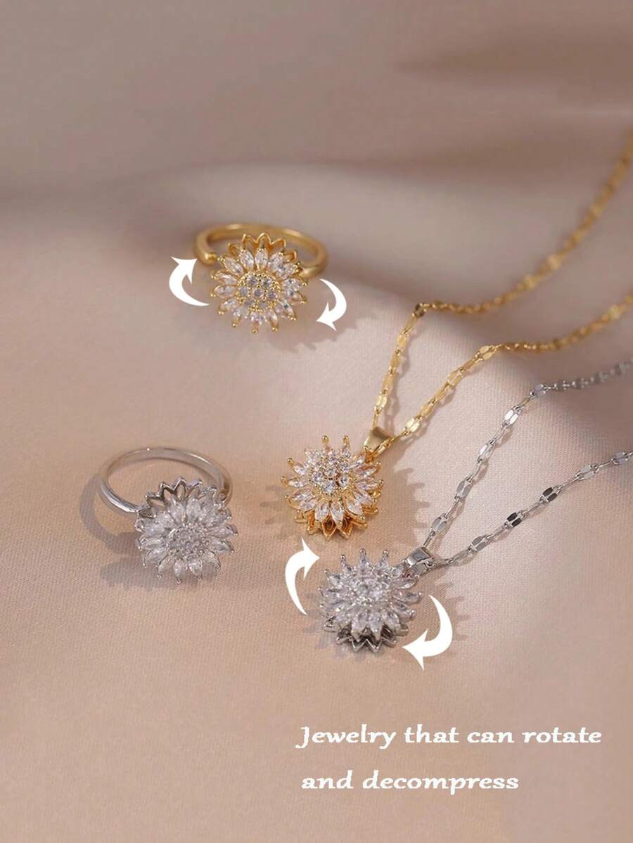 2 Peças Conjunto de Joias Femininas com Zircônia Cúbica Incrustada de Cobre, Girassol Rotativo, 1 Peça Colar + 1 Peça Anel, Tema Floral Requintado e Cintilante, Adicionando Toque Romântico e Luxuoso aos Looks