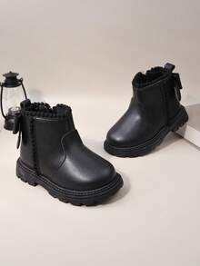 1 双黑色幼儿女童靴，纯色柔软 PU 材质，低帮，侧面绒球拉链设计，圆头，厚底，防滑，舒适，时尚休闲可爱正装靴，适合 3-15 岁女学生，室内/室外，派对，2025 年秋冬新品 - 黑色 - 查看 9