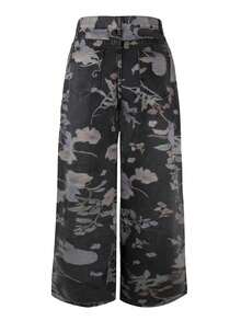High Waist Slant Pockets Floral Printed Jeans, Elegant & Comfortable, Casual Outdoor Straight Leg Washed Jeans, Summer Holiday - Black - View 3
