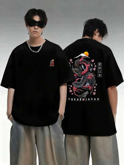 ドラゴントーキョー ジャパンTシャツ 100% 両面プリント コットン 快適なレギュラーフィット モダンで毎日着たい秋の必需品