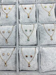 3入組時尚不鏽鋼湖藍色圓項鍊耳環套裝,適用於女性聖誕新年生日禮物,舞會配件套裝,波西米亞度假風格