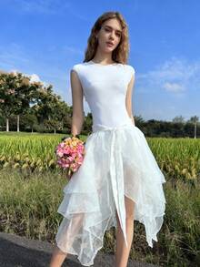 1pc Asymmetrical Hem Tuxedo Dress, Asymmetrical Mermaid Dress, Asymmetrical Puff Dress, Flowy Performance Dress, Glass-Like Maxi Dress, One-Piece Apron, Ruffled Layered Trailing Dress, Suitable For Weddings, Banquets, Performances, Parties, Bridal Party, Stage Shows, Cosplay, Travel Photography Props, Dance Recitals, Halloween Costumes Fall Clothes For Women