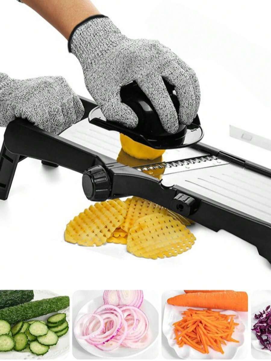 Trancheuse à légumes réglable en acier inoxydable, trancheuse à légumes manuelle avec lames multifonctions, gants résistants aux coupures, ustensiles de cuisine sûrs, accessoires de cuisine manuels, convient pour trancher les fruits, oignons, pommes de terre, légumes, etc., convient pour les cuisines, les restaurants commerciaux et les accessoires de cuisine