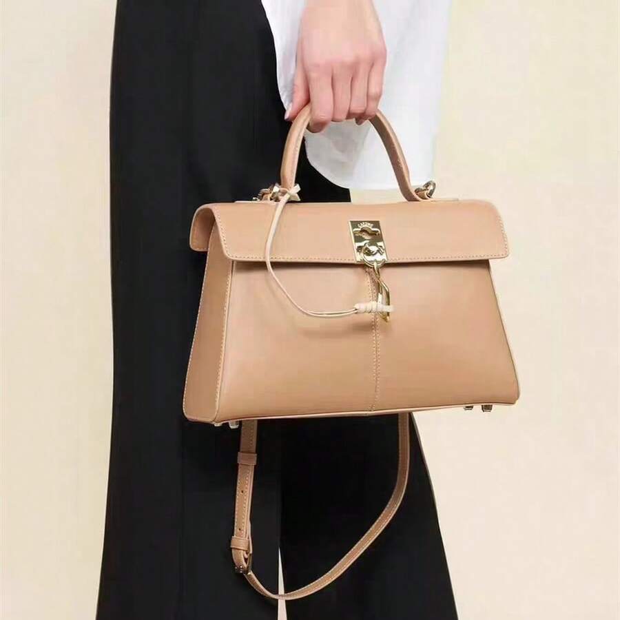 Niche Hong Kong Stance Wallet Gold Buckle Bag Vintage Genuine Leather High-End Commuter Handbag Crossbody Briefcase - 平黃色大號 - 查看 1