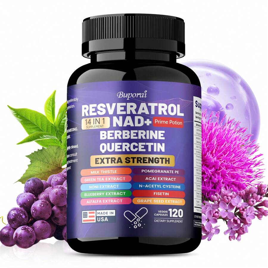 BUPORAI Suplementos de resveratrol Nad+, berberina y quercetina: cuidado de la piel, antienvejecimiento, apoyo a la salud celular, la salud general y el metabolismo - 120 unidades - 120 cápsulas - Ver 1