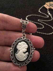 1Pc Vintage Ladies' Cameo Pendant Necklace - 18 Inch Black Chain, Steampunk Silver Design, Ideal Prom Gift & Party Jewelry - 銀色 - 查看 2