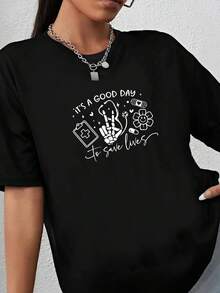 180g pure Cotton It's a Good Day to Save Lives Shirt Nurse Graphic Tee with Skeleton Cute Medical Gift for Healthcare Workers, ER &amp; ICU Staff graphic Soft Slightly Comfortable streetwear Unisex fashion Print Round Neck Short Sleeve Versatile Top For Everyday Wear - Negro - Ver 1