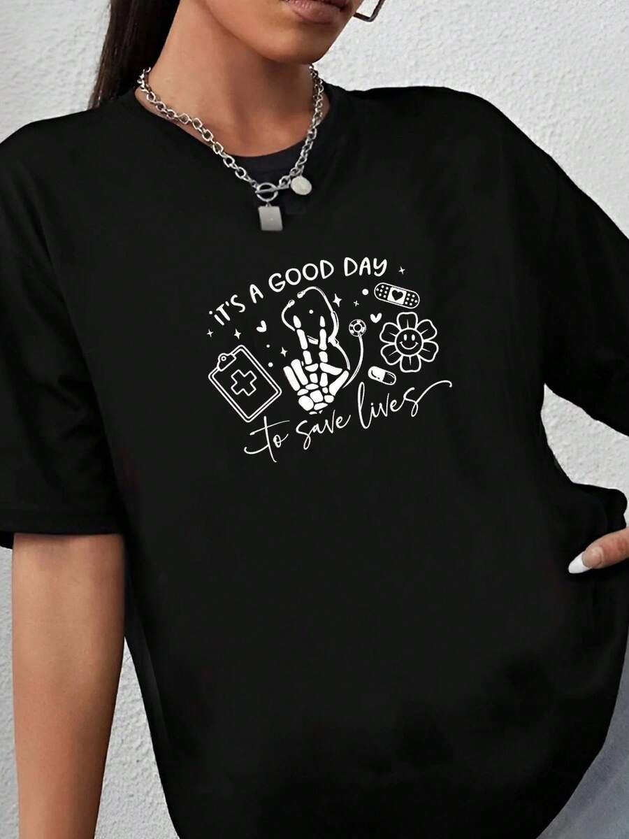 180g pure Cotton It's a Good Day to Save Lives Shirt Nurse Graphic Tee with Skeleton Cute Medical Gift for Healthcare Workers, ER &amp; ICU Staff graphic Soft Slightly Comfortable streetwear Unisex fashion Print Round Neck Short Sleeve Versatile Top For Everyday Wear - Negro - Ver 1