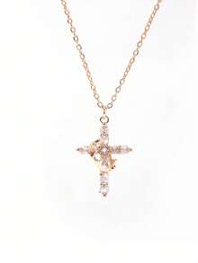 YOLONLY Elegante 18K vergoldete Krone Kreuz Anhänger Halskette mit funkelnden Zirkonia Einlagen - zarte Kupferkette für lässige Kleidung, ideales Valentinstags-Geschenk, Kreuz Halskette