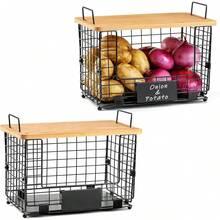 2 Set XL Stackable Wire Basket With Bamboo Tops & Tags- Pantry Organizer And Storage Bins, Kitchen Counter Cabinet Shelf Countertop Under Sink Organizing,  Snack Produce Onion Potato Bread Storage - L - 查看 8