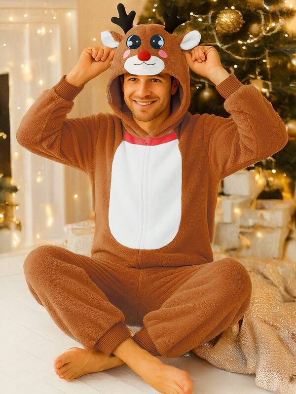 Pijama completo unisex de forro polar, diseño de Reno, modelo de invierno/otoño, traje de Navidad, regalo para dormir en casa, pijama completo para adultos.