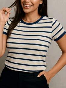 Women's T-Shirt Babe Look Striped Round Neck Basic  Premium Summer Fashion - Màu xanh hải quân - Xem 5