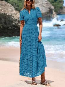 Women's Spring And Summer Maxi Dress Short Sleeve V Neck Hollow Out Eyelet A Line Long Flowy Wedding Guest Beach Vacation Dresses For Women - 湖藍色 - 查看 4