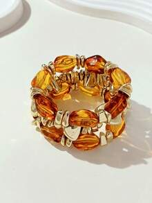 LADYCOCO 3pcs Vintage Multi-Layer Brown Acrylic Beaded Bracelets With Gold-Tone Crushed Stone Accents For Women - Vintage Bracelet Set L - View 1