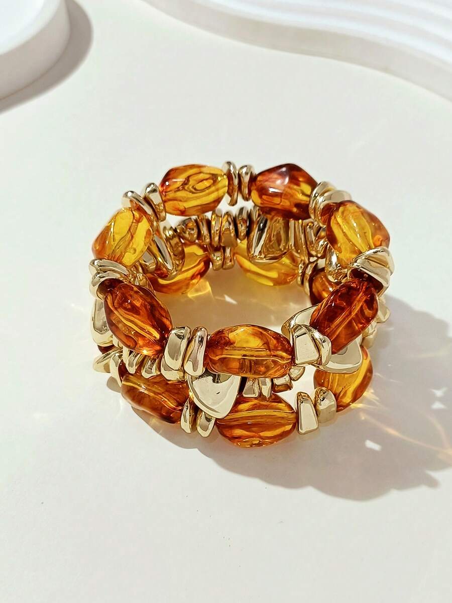 LADYCOCO 3pcs Vintage Multi-Layer Brown Acrylic Beaded Bracelets With Gold-Tone Crushed Stone Accents For Women - Vintage Bracelet Set L - View 1