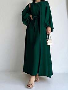 1 套纯色优雅阿巴亚长袍套装，穆斯林系腰宽松长袍连衣裙 + 开放式阿巴亚，适合春季、夏季、秋季女性日常外出和祈祷穿着 - 彩色 - 查看 13