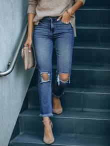 Women's Knee Ripped Frayed Hem Stretchy Skinny Denim Jeans - Medium Wash - View 4