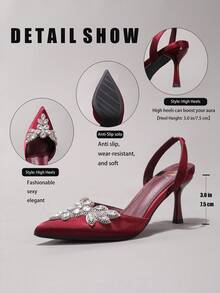 Women's Rhinestone Decor Pointed Toe High Heel Sandals, Sexy Satin Backstrap High Heels, Burgundy, Fashion Party Shoes - Burgundy - View 3