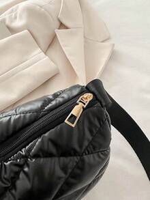 1 pieza Bolso bandolera acolchado de poliéster brillante con cremallera, de moda para uso diario de mujeres - Negro - Ver 9