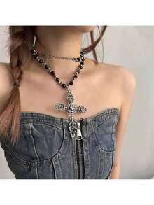 Dark Gothic Style Black And White Beaded Long Pendant Necklace Women, Niche Y2K Personality Hop Collarbone Chain - Dây chuyền quấn thánh giá Dark Heavy Industry - Xem 4