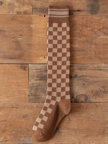 1 Pair Women's Autumn/Winter Warm Knee,High Socks, Checkerboard Pattern, Versatile &, Cozy Socks - Multicolor - View 17