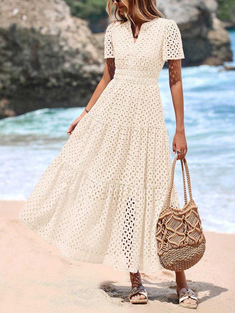 Women's Spring And Summer Maxi Dress Short Sleeve V Neck Hollow Out Eyelet A Line Long Flowy Wedding Guest Beach Vacation Dresses For Women - 米杏色 - 查看 1