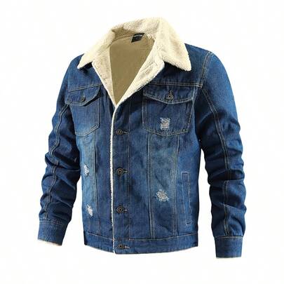 Men's Vintage Slim Fit Washed Denim Long Sleeve Jacket, Thickened Lapel Collar, Youth Outerwear For Winter