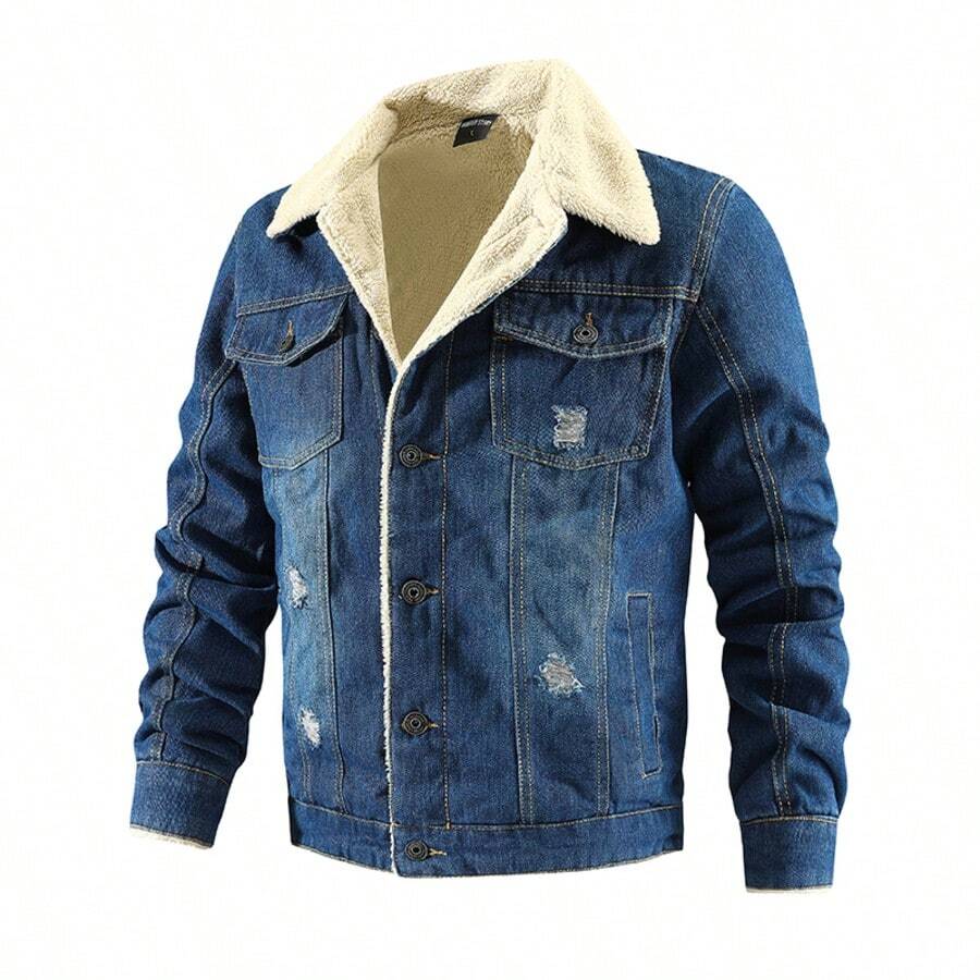 Men's Vintage Slim Fit Washed Denim Long Sleeve Jacket, Thickened Lapel Collar, Youth Outerwear For Winter - Dark Wash - View 1