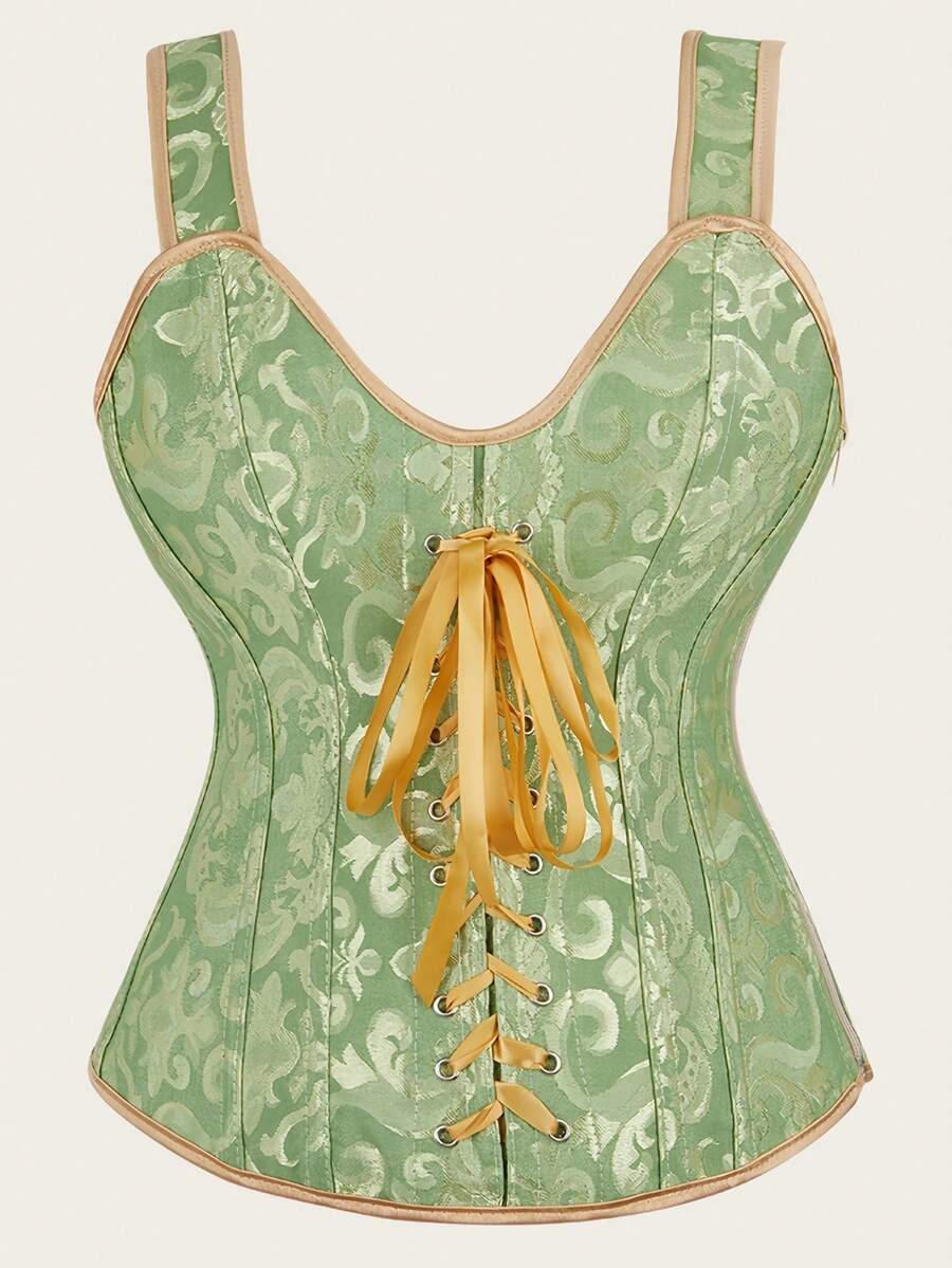 Jutrisujo Corset Top Lingerie Bustier Zipper Women Shoulder Strap Medieval Bridal Plus Size Renaissance Vintage Halloween - 6806-Green - 查看 1