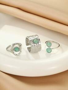 3pcs Stainless Steel Women Silver Minimalist Transparent Green Resin Gemstone Ring Set, Suitable For Women's Daily Decoration Or Gift