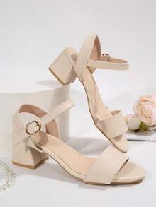 1 Paar Mädchen/Teenager einfarbige Riemen glänzende runde Zehenöffnung Slingback High Heel Schuhe, Metallschnalle Plateauabsatz, bequeme lässige elegante Sandalen, geeignet für 15+ Jahre, Party, Campus, Urlaub, Strand, Frühling/Sommer - Beige - Übersicht 7