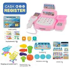 Tecforood 1 Mini Simulated Cash Register Toy With Light Blue As The Main Color And Printed With Cute Patterns Such As Fruits. It Has A Cute Supermarket Style, High-Quality Plastic Material, And Restores The Shape Of A Real Cash Register (Including Rich Details Such As Calculator And Card Reader), The Basic Model Has No Sound Function