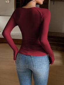 Sunny Girl Style Spring Girlfriend's Day Women's Long Sleeve Square Neck Top, Lace Collar Trim, Sweet Casual Minimalist Campus Style - Burgundy - View 11