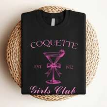180g pure Cotton Coquette GIrls Club Shirt With Martinis, Cocktails Shirt for Women in Pastel Aesthetic, Soft Girls Era Shirt, Funny Drinks TShirt, Gin Print Round Neck Short Sleeve graphic fashion Unisex streetwear Versatile Top For Everyday Wear - Negro - Ver 4