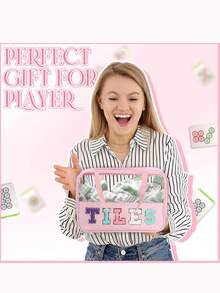 1个/2个美式学院风麻将牌收纳袋，尺寸为11.8英寸 x 8.26英寸 x 3.93英寸，防水透明PVC材质，带拉链，可作化妆包、洗漱用品收纳袋、麻将牌架、空袋，适合游戏爱好者、女性、圣诞礼物、旅行必备。 - 彩色 - 查看 6