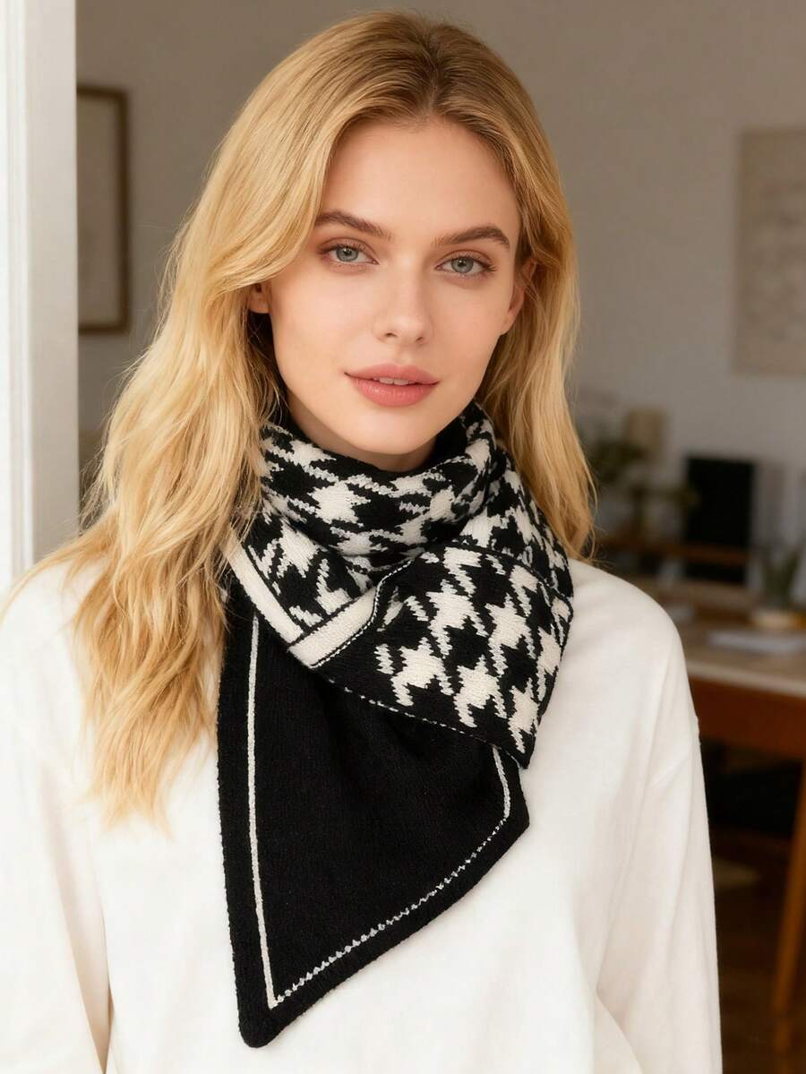 1pc Vintage Knitted Knitted Button Neck Warmer Scarf For Women, Fashion Versatile Open Split Neck Gaiter Scarf, Windproof Neck Cover (Random Thickness Of Lines) For Dress - Black - View 1