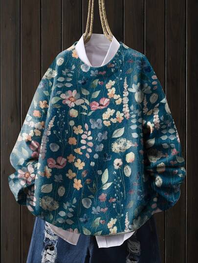 [All-Over Print] [Lightweight] [Sweater] [Non-Knitted] Multi-Color Floral Pattern Round Neck Long Sleeve Knitted Casual Fashion Lightweight Sweater For Women