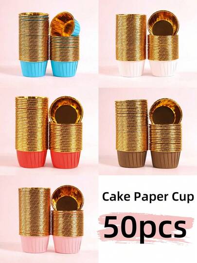 50 piezas de tazas de papel de alta calidad y borde rizado, estuches para cupcakes, papel resistente al agua y al aceite, moldes para pasteles, tazas para pasteles, hornear magdalenas, chiffon, tazas de aluminio para cupcakes de mousse resistentes a altas temperaturas, bandejas para hornear pasteles, adecuadas para bodas, cumpleaños y fiestas, pasteles y postres de vacaciones con tazas de borde rizado y brillantes